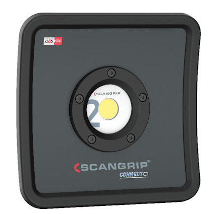 Svart fyrkantig arbetsbelysning med en stor lins i mitten och logotyperna "Scangrip" och "Connect" längst ner.