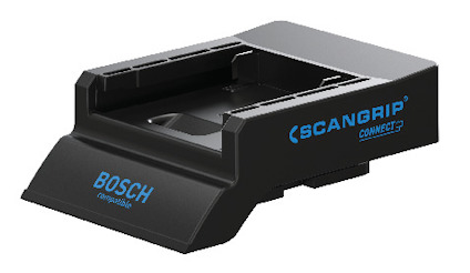 Svart adapter med texten "SCANGRIP CONNECT" och "BOSCH compatible" i blått.