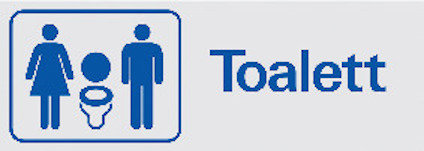 Skylt med blå symboler för dam, herr och barn samt texten "Toalett" i blått.