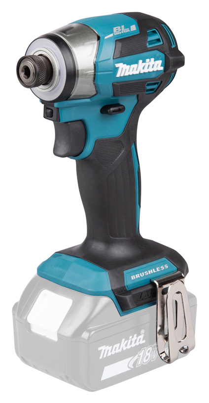 Slagskruvdragare från Makita i blått och svart med silverfärgade detaljer och bältesclips.