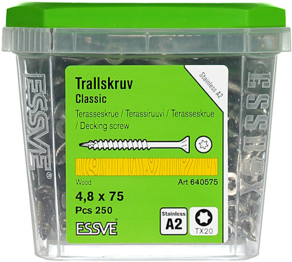 Behållare med grönt lock innehållande "Essve Classic" trallskruvar, 4,8 x 75 mm, 250 st.