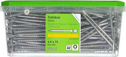 Förpackning med 250 trallskruvar, 4.8 x 75 mm, rostfri A2, från ESVE.