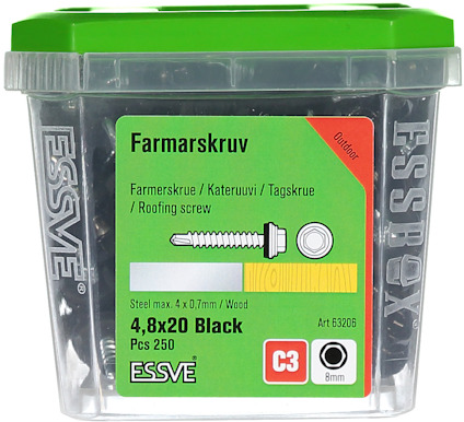 Förpackning med ESSVE farmarskruv 4,8x20 mm, svart, 250 st, Art 63206.