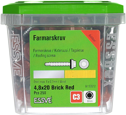 Förpackning med Essve farmarskruv, 4,8x20 mm, färg Brick Red, 250 stycken, för utomhusbruk.