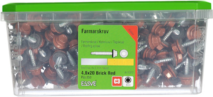 Behållare med röda farmarskruvar, etikett visar dimensioner 4,8x20 och färg Brick Red, innehåll 250 st.