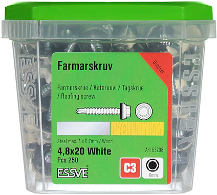 Förpackning med 250 vita farmarskruvar, storlek 4,8x20 mm, ESSVE, för utomhusbruk.