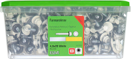 Grön plastlåda med vita farmarskruvar, etikett med texten "Farmarskruv", "4,8x20 White", "ESSVE".