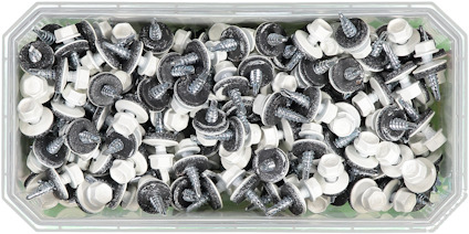 Plastlåda med flera silver- och vitfärgade plastskruvar.