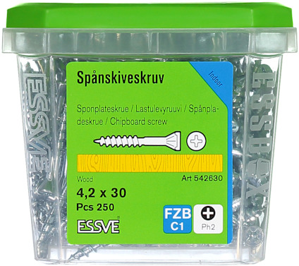 Plastlåda med 250 spånskiveskruvar, 4,2 x 30 mm. Märkt "ESSVE", art. 542630, FZB C1, Ph2. För trä, inomh