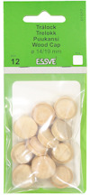 Tolv träluckor i förpackning med text: "Trälokk, Trelokk, Puukansi, Wood Cap, Ø 14/19 mm, ESSVE".