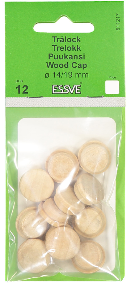 Tolv träluckor i förpackning med text: "Trälokk, Trelokk, Puukansi, Wood Cap, Ø 14/19 mm, ESSVE".