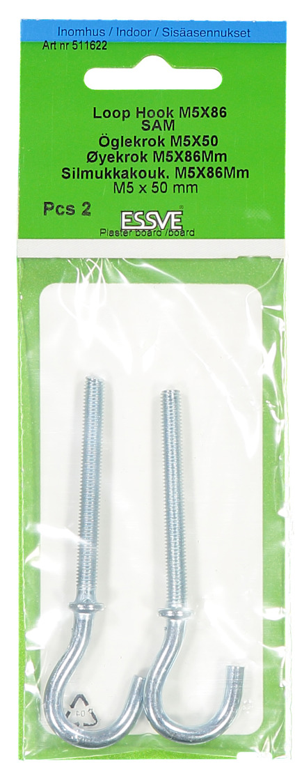 Förpackning med två metallögelkrokar, M5x86 mm, från Essve.