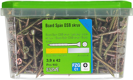 Behållare med 900 stycken Essve Board Spån OSB skruvar, 3,9 x 42 mm, FZG C1, PH2.
