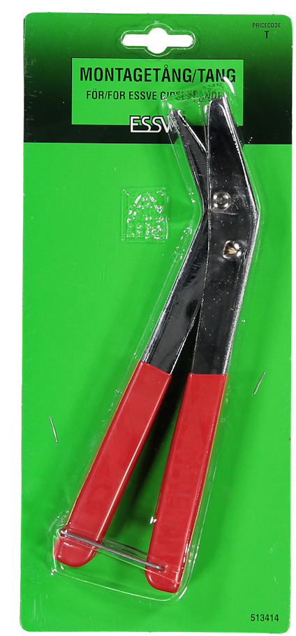Förpackning med en montagetång med röda handtag från Essve. Text: "MONTAGETÅNG/TANG".