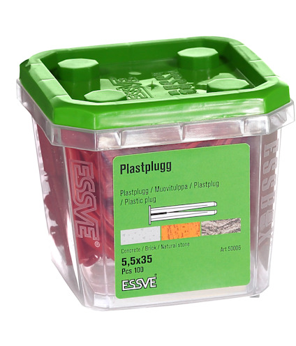 Behållare med Plastpluggar, 5,5x35, för sten och betong, 100 st, ESSVE, Art 50006.