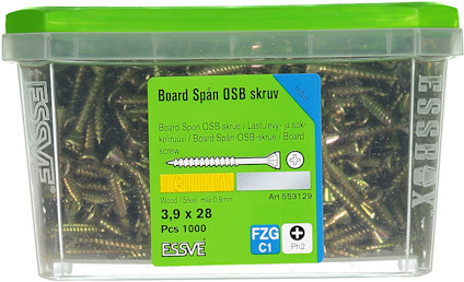 Behållare med metallskruvar, etikett text: "Board Spån OSB skruv, 3,9 x 28, Art 553129, PCS 1000".