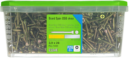 Plastburk med 1000 st 3,9 x 28 mm OSB-skruvar, grönt lock.