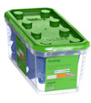 Grön och genomskinlig förpackning med plastpluggar, texten "Plastplugg 10x45 PS 10" och varumärket ESSVE.