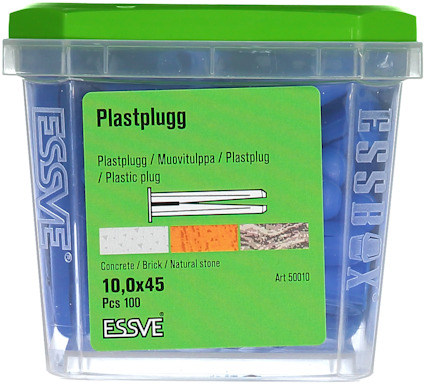 Förpackning med blå plastplugg, etikett med text på flera språk och produktinformation.