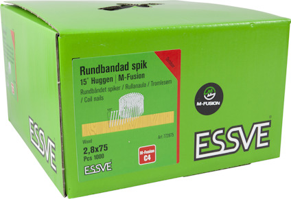 Grön låda med texten "ESSVE", "Rundbandad spik 2,8x75", "15° Huggen", och "Rullanagel/M-Fusion".