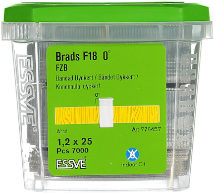 Förpackning med brads från ESSVE, F18 FZB, 0°, 1,2 x 25 mm, 7000 st, art.nr. 776457.