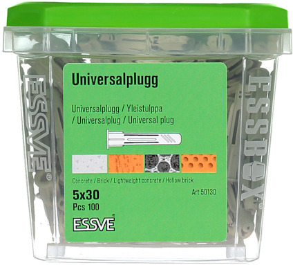 Plastlåda med grönt lock, etiketttext: "Universalplugg 5x30 Pcs 100" för betong och lättbetong, märkt ESSVE.