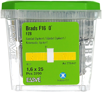 Förpackning med bandad dykert, Brads F16 0°, för trä. Art 776441, 1,6 x 25 mm, 3700 st från ESSVE.