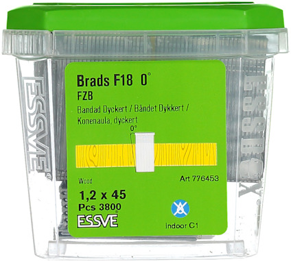 Plastlåda med grönt lock innehållande Brads F18 0°, 1,2 x 45 mm, 3800 delar från ESSVE.