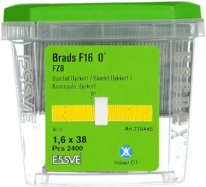 Förpackning med 2400 spikar, Essve Brads F16 0°, 1,6 x 38 mm, med grön lock.