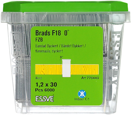 Förpackning med bandad dyckert, grönt lock, märkt "Brads F18 0°", 6000 st, trälängd 1,2 x 30 mm, Essve.