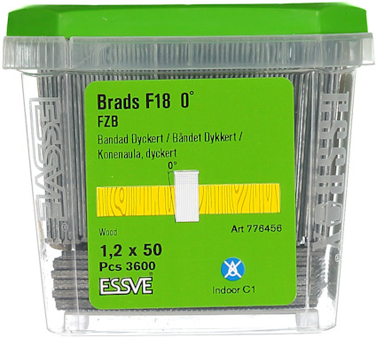 Förpackning med brads F18, 1,2 x 50 mm, 3600 st från Essve för inomhusbruk.