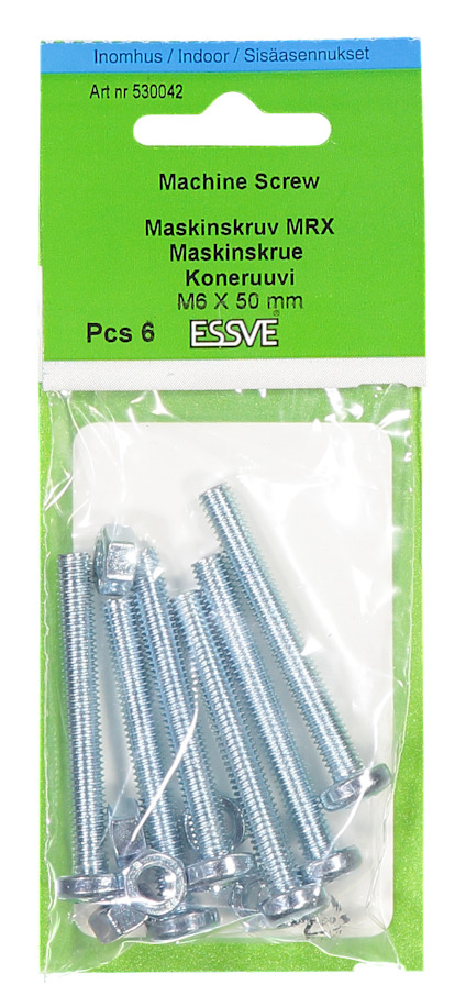 Förpackning med sex maskinskruvar, ESSVE, M6 x 50 mm. Art nr 530042.