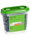 Förpackning med nylonpluggar, grönt lock. Text: "Nylon plug, N-plugg, 5 x 25, Pcs 100".