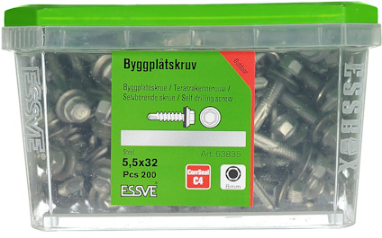 Plastbehållare med byggplåtskruv, storlek 5,5x32 mm, 200 st. Märkt Essve, artikelnummer 63835.