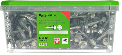 Förpackning med 200 st 5,5x32 mm Essve byggplåtskruv, med grönt lock och etikett.
