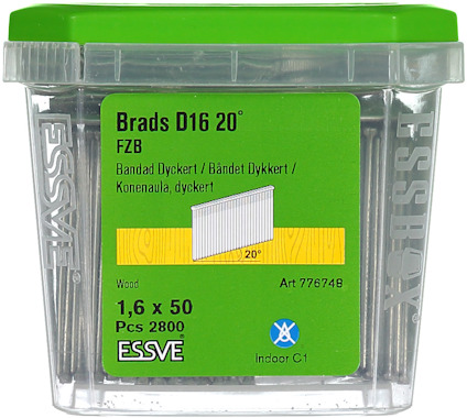 Grön plastlåda med 2800 silverfärgade dyckert, märkt "Brads D16 20° FZB" och "ESSVE".