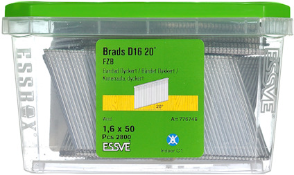 Förpackning med bandad dyckert, Essve Brads D16 20°, 1,6 x 50 mm, 2800 st.