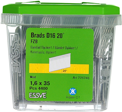 ESSBOX med Bandad Dyckert, Brads D16 20°, 1,6 x 35 mm, 4400 st, art.nr 776746, för inomhusbruk C1, från ESSVE.