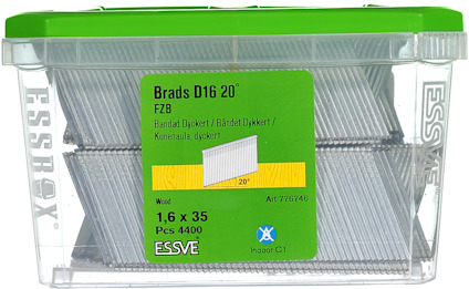 Plastlåda med spik, märkning: "Brads D16 20° FZB, 1,6 x 35 mm, 4400 st, ESSVE, Art 776746, Indoor C1".