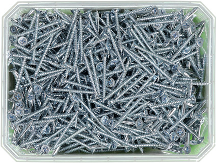 Metallskruvar i en plastbehållare.