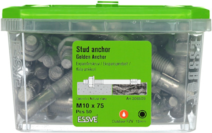 Transparent plastlåda med grönt lock innehållande expanderbultar, märkt "Stud anchor" och "ESSVE".