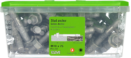 Transparent plastlåda med skruvar och muttrar, etikett med text "Stud anchor" och specifikationer.