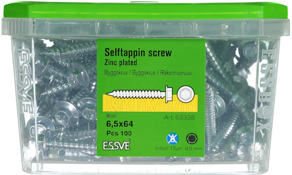 Plastask med zinkbelagda självborrande skruvar, storlek 6,5x64 mm, 100 stycken.