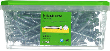 Transparent plastlåda med 100 självborrare, förzinkade skruvar, 6,5x64 mm, från Essve. Grönt lock. Art. 63388.