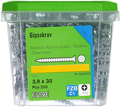 Plastförpackning med 250 gipsskruvar, storlek 3,9 x 30 mm. Gröngul etikett med text på flera språk. Märke: ESSVE.