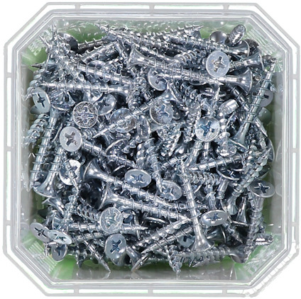 Metallfärgad skruv i plastbehållare, flerspåriga stjärnhuvuden.