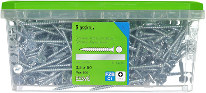 Plasthink med gipsskruvar, grönt lock, etikett med text: "Gipsskruv 3,5 x 50 PCS 500 ESSVE".