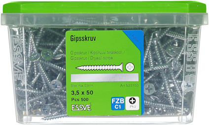 Transparent plastlåda med 500 gipsskruvar, märkt "Gipsskruv" och "3,5 x 50".