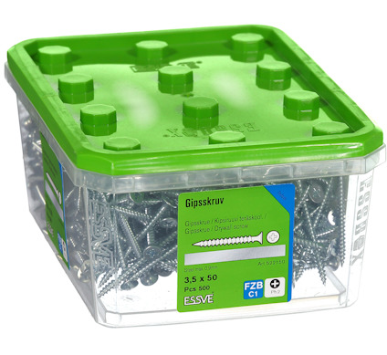 Förpackning med 500 gipsskruvar, 3,5 x 50 mm, Essve, grön lock, transparant behållare.