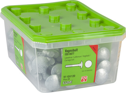 Förpackning med vagnsbultar ISO 8677, grönt lock, 25 st, M 10x120, Essve.